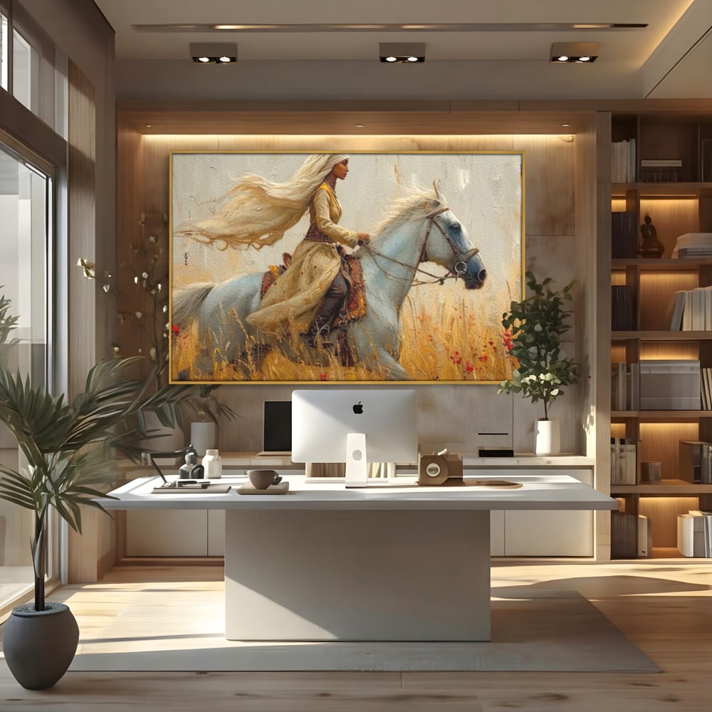 Tablou canvas cu tablou canvas cu femeie calare, in rama de aluminiu auriu, pe perete intr-un birou